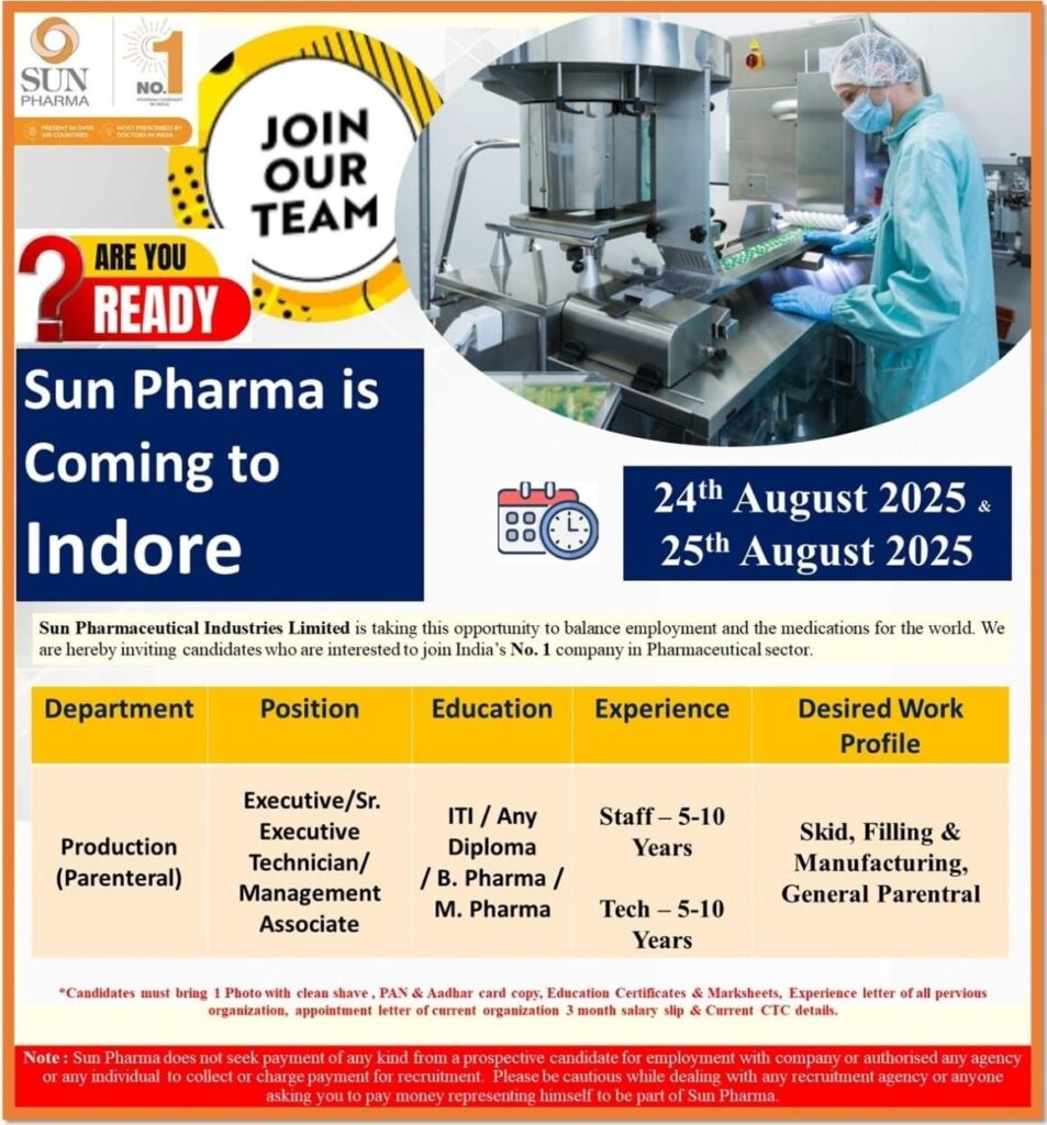 Sun Pharmaceutical Hiring for ITI, Any Diploma, B. Pharma, or M. Pharma - Production Sun Pharmaceutical Hiring for ITI, Any Diploma, B. Pharma, or M. Pharma - Production