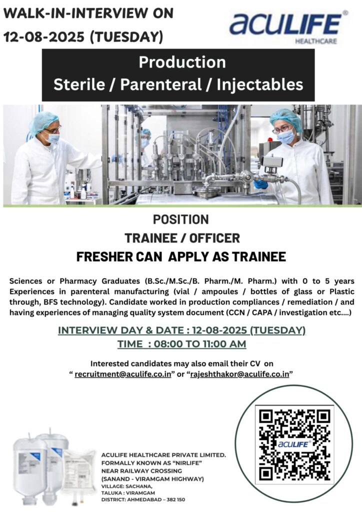 Aculife Healthcare Hiring for Production - Trainee, Officer | 0 - 5 Years exp Aculife Healthcare Hiring for Production - Trainee, Officer | 0 - 5 Years exp