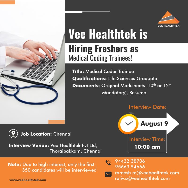 FRESHERS Walk-In for Medical Coder Trainee Jobs at Vee Healthtek - Join Now FRESHERS Walk-In for Medical Coder Trainee Jobs at Vee Healthtek - Join Now