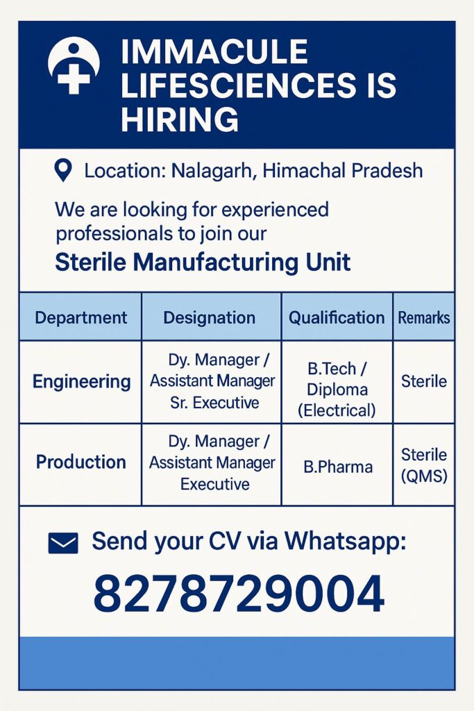 Immacule Lifesciences Hiring for Engineering / Production Job Role Immacule Lifesciences Hiring for Engineering / Production Job Role