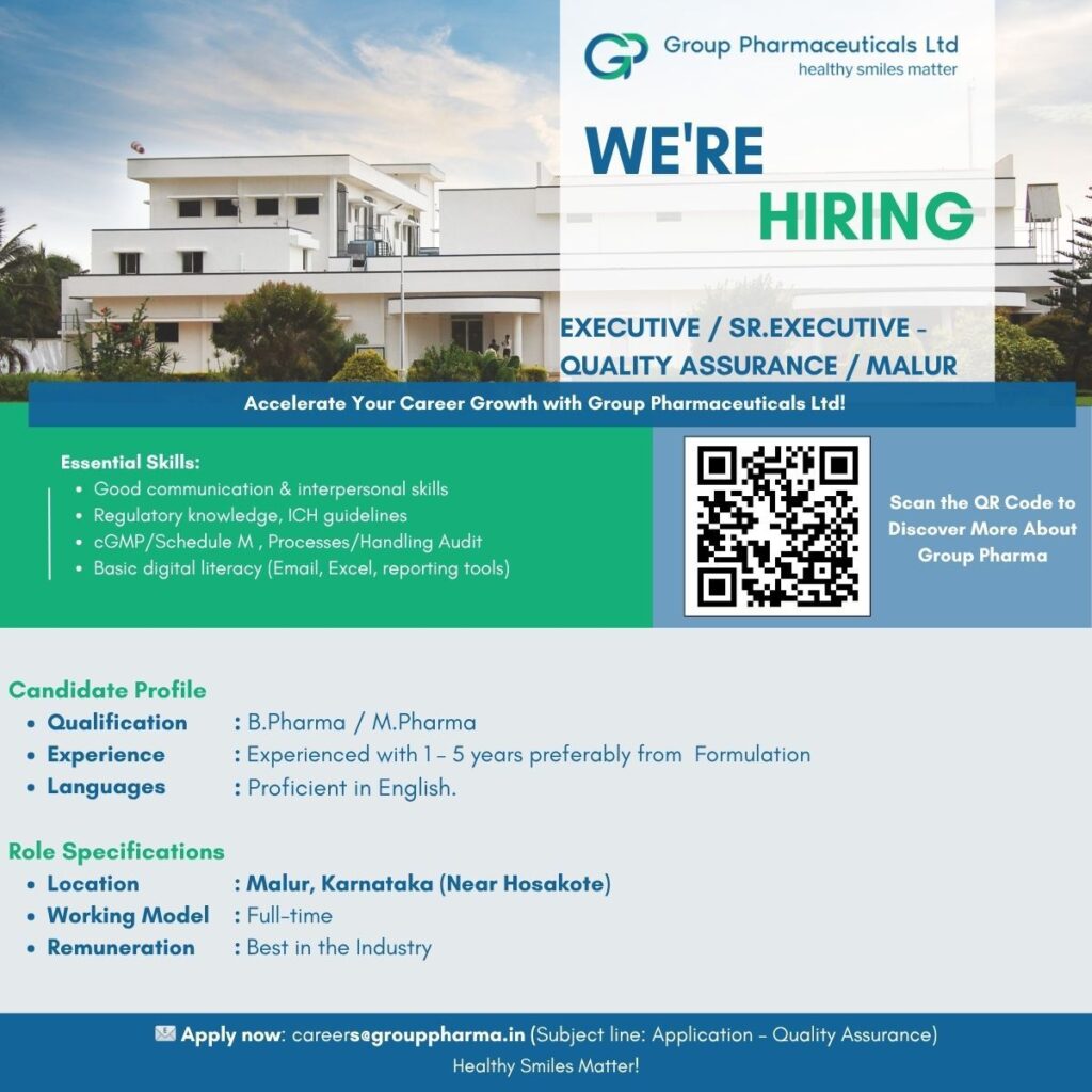 Group Pharmaceuticals Ltd Hiring for Quality Assurance Job - Apply Now Group Pharmaceuticals Ltd Hiring for Quality Assurance Job - Apply Now