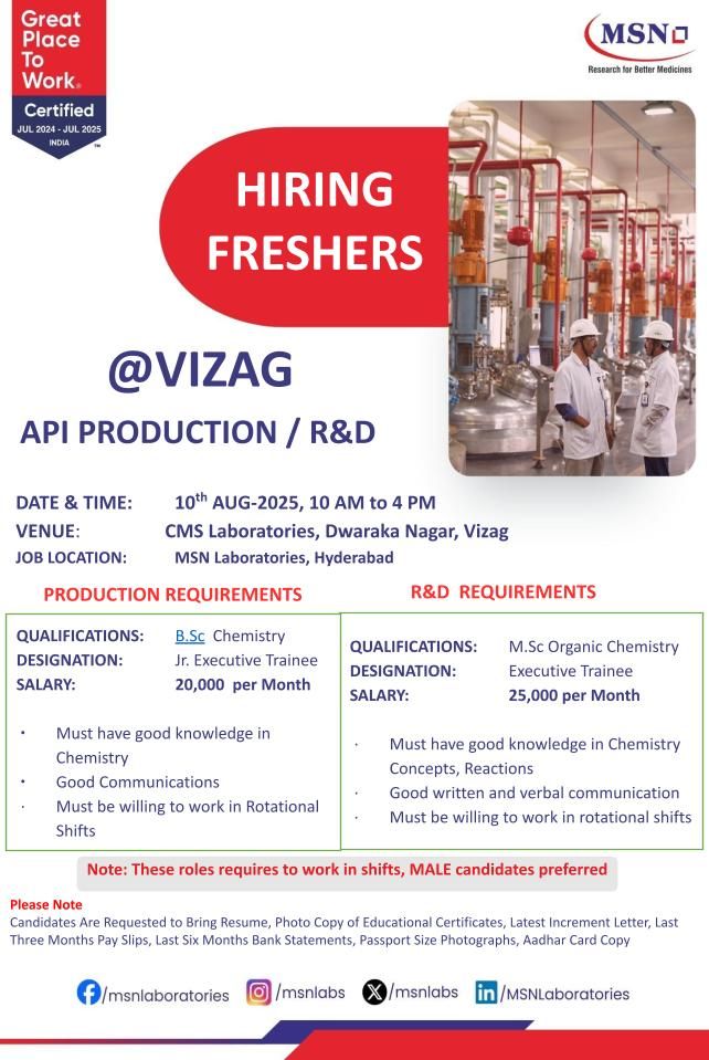 MSN Laboratories Hiring for API Production, R&D | Salary: ₹25,000 per month MSN Laboratories Hiring for API Production, R&D | Salary: ₹25,000 per month