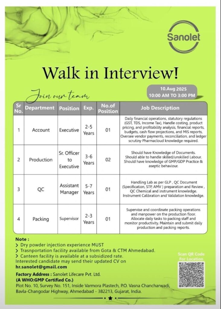 Sanolet Lifecare Walk-in interviews for Accounts, Production, QC, Packing Jobs