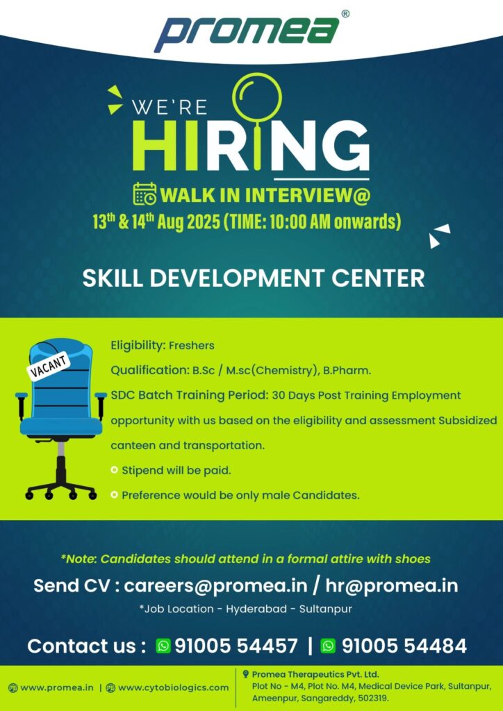 Promea Therapeutics Hiring FRESHERS for B.Sc / M.Sc Chemistry, B.Pharm Promea Therapeutics Hiring FRESHERS for B.Sc / M.Sc Chemistry, B.Pharm