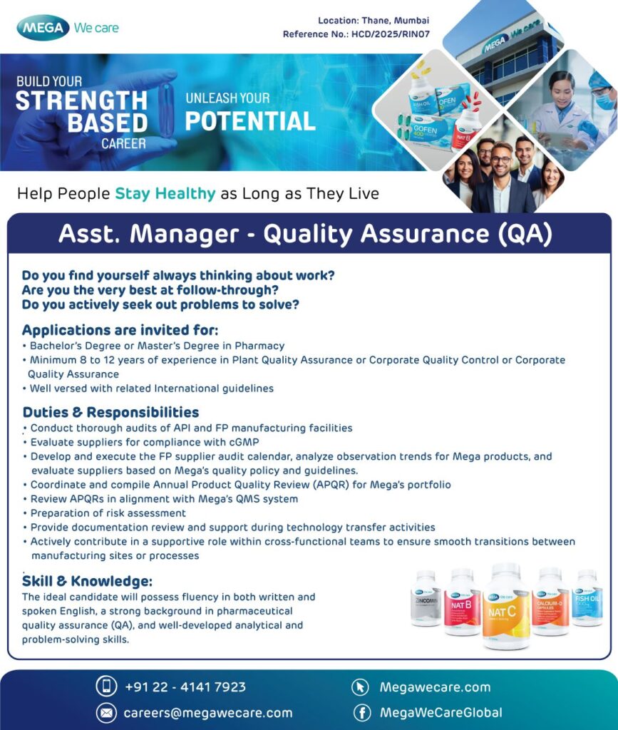 Mega Life Sciences Hiring for Assistant Manager - Quality Assurance Job