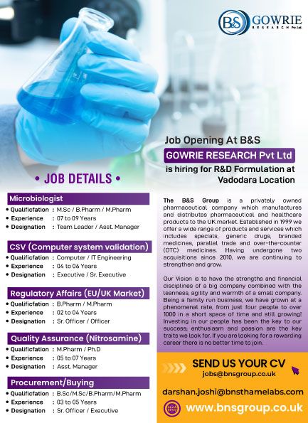 B&S Gowrie Research Hiring for Regulatory Affairs, QA, R&D, Microbiologist, CSV, Procurement