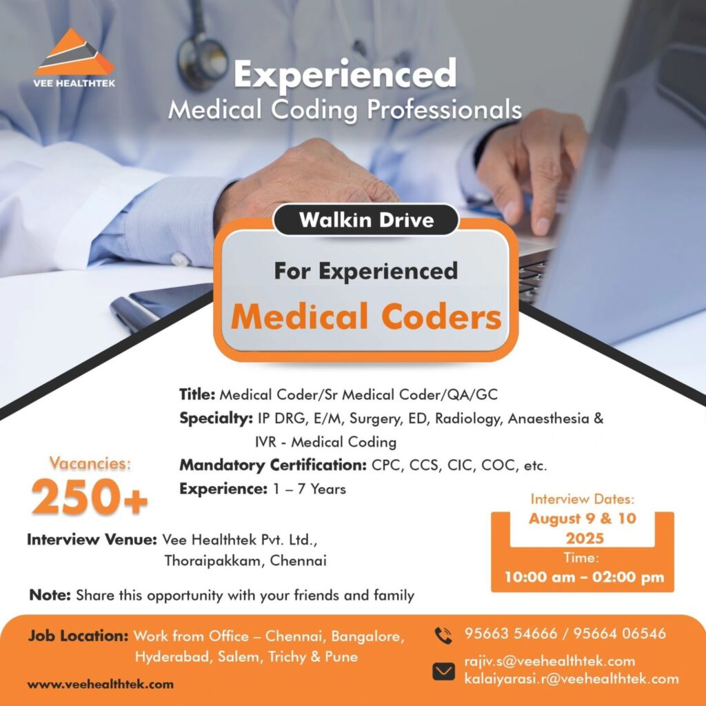 Urgent Hiring: Medical Coder/ QA/ GC Jobs at Vee Healthtek (250+ Vacancies) Urgent Hiring: Medical Coder/ QA/ GC Jobs at Vee Healthtek (250+ Vacancies)