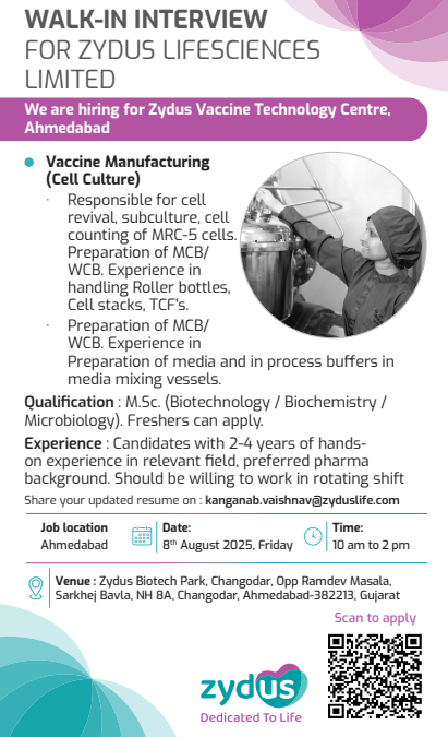 0 - 4 years exp? Join - Zydus Lifesciences Limited Hiring for Vaccine Manufacturing Specialist 0 - 4 years exp? Join - Zydus Lifesciences Limited Hiring for Vaccine Manufacturing Specialist