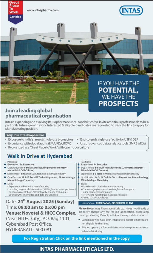 Intas Pharmaceuticals Hiring for Bio-Bulk Manufacturing Executive / Sr. Executive Intas Pharmaceuticals Hiring for Bio-Bulk Manufacturing Executive / Sr. Executive