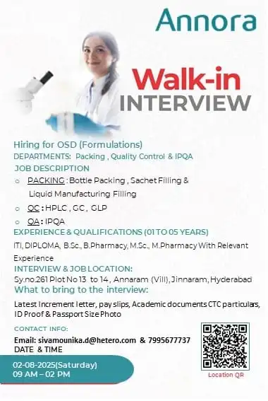 ANNORA Pharma Recruitment 2025: Walk-In Interview for QC, QA & Packing ANNORA Pharma Recruitment 2025: Walk-In Interview for QC, QA & Packing