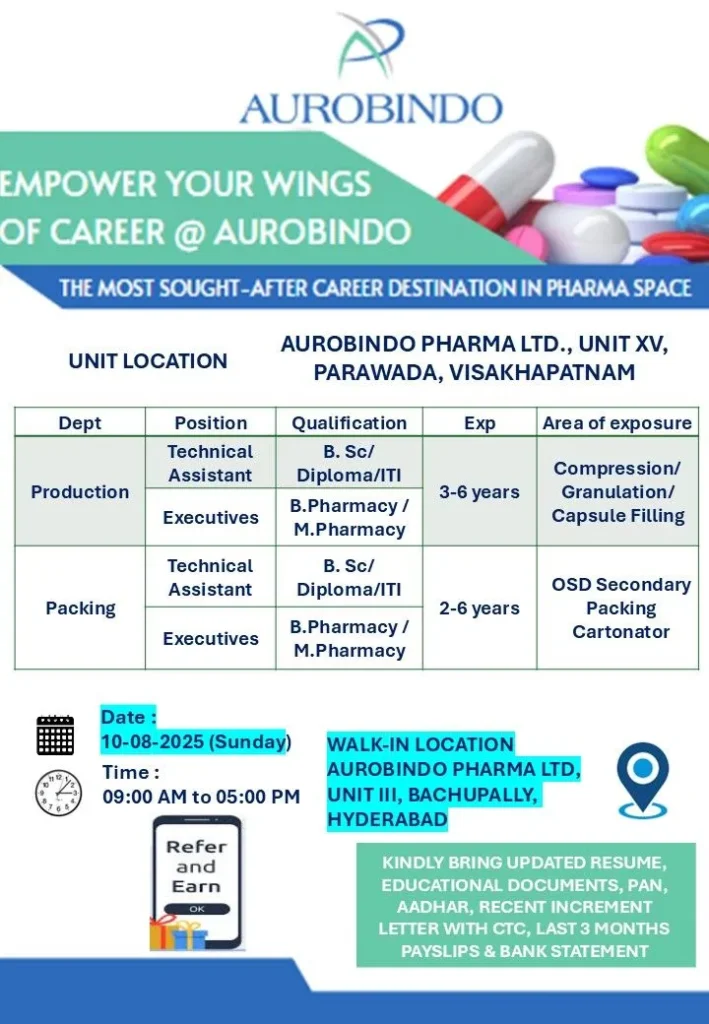Aurobindo Pharma Walk-in Drive 2025: Production & Packing Jobs Aurobindo Pharma Walk-in Drive 2025: Production & Packing Jobs