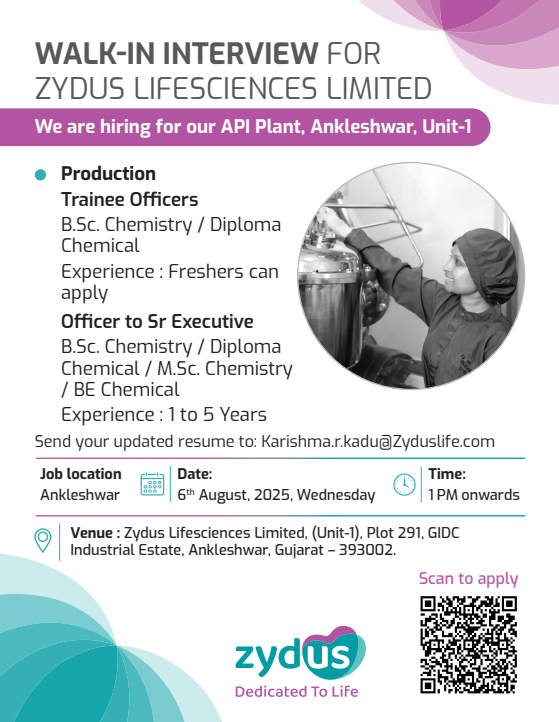 Walk-In Interview at Zydus Lifesciences: Production Department (0 – 5 years exp) Walk-In Interview at Zydus Lifesciences: Production Department (0 – 5 years exp)