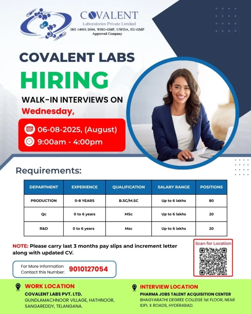 120 Vacancies: Covalent Laboratories Hiring Freshers & Experienced for Production / QC / R&D 120 Vacancies: Covalent Laboratories Hiring Freshers & Experienced for Production / QC / R&D