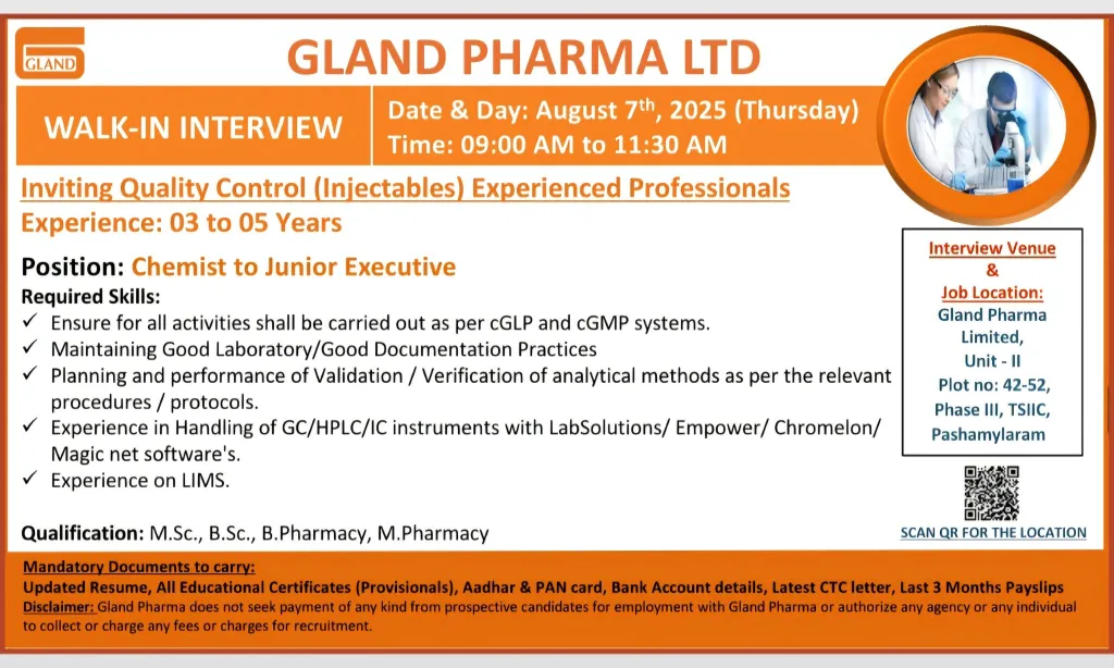 Gland Pharma Hiring for Quality Control Job - B.Sc, M.Sc, B.Pharm, M.Pharm Candidates Gland Pharma Hiring for Quality Control Job - B.Sc, M.Sc, B.Pharm, M.Pharm Candidates