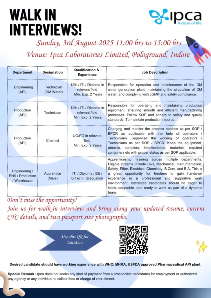 0–2 Yr Exp? Join Ipca Laboratories for Production / EHS / Warehouse / Engineering 0–2 Yr Exp? Join Ipca Laboratories for Production / EHS / Warehouse / Engineering