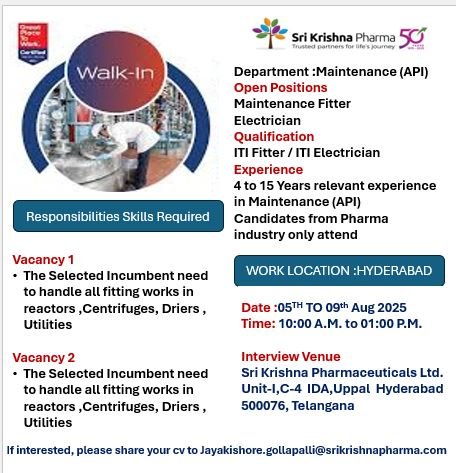 Sri Krishna Pharmaceuticals Hiring for Production, Maintenance, QC, and Microbiology Sri Krishna Pharmaceuticals Hiring for Production, Maintenance, QC, and Microbiology