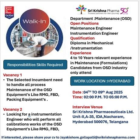 Sri Krishna Pharmaceuticals Hiring for Production, Maintenance, QC, and Microbiology Sri Krishna Pharmaceuticals Hiring for Production, Maintenance, QC, and Microbiology