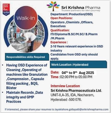 Sri Krishna Pharmaceuticals Hiring for Production, Maintenance, QC, and Microbiology Sri Krishna Pharmaceuticals Hiring for Production, Maintenance, QC, and Microbiology