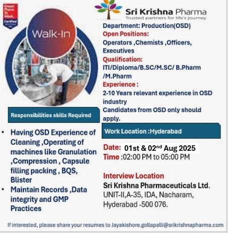 Sri Krishna Pharmaceuticals Hiring for Production, Maintenance, QC, and Microbiology Sri Krishna Pharmaceuticals Hiring for Production, Maintenance, QC, and Microbiology
