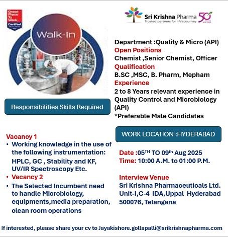 Sri Krishna Pharmaceuticals Hiring for Production, Maintenance, QC, and Microbiology Sri Krishna Pharmaceuticals Hiring for Production, Maintenance, QC, and Microbiology