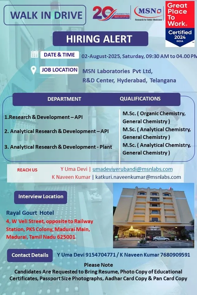 FRESHERS Walk-In Drive for R&D Roles at MSN Laboratories Pvt. Ltd - Apply Now FRESHERS Walk-In Drive for R&D Roles at MSN Laboratories Pvt. Ltd - Apply Now
