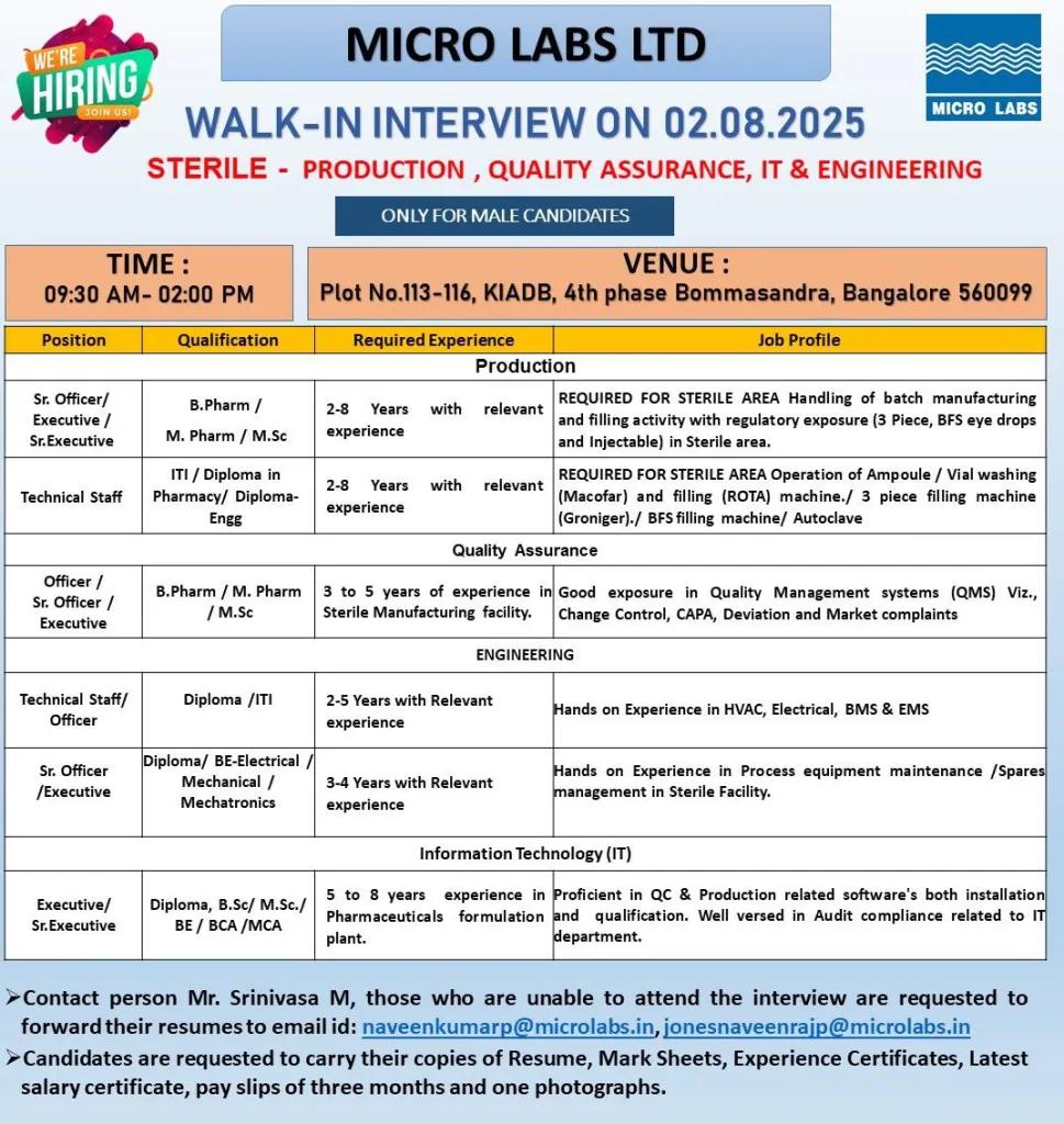 Walk-In Interview for Sterile Production, IT QA, Engineering Roles at Micro Labs Limited Walk-In Interview for Sterile Production, IT QA, Engineering Roles at Micro Labs Limited