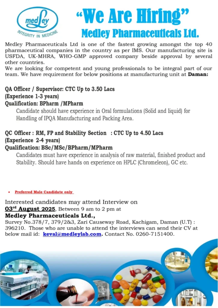 Walk-In Interviews for Quality Assurance, Quality Control - B.Sc, M.Sc, B.Pharm, M.Pharm Walk-In Interviews for Quality Assurance, Quality Control - B.Sc, M.Sc, B.Pharm, M.Pharm