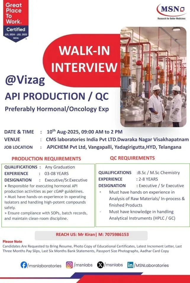 MSN Laboratories Hiring for API Production, Quality Control - Apply Now MSN Laboratories Hiring for API Production, Quality Control - Apply Now