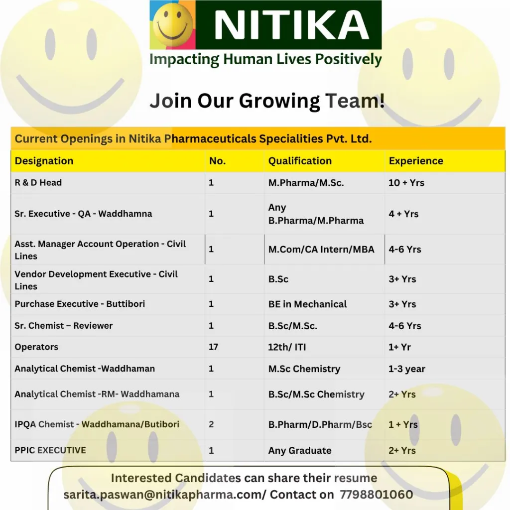 Nitika Pharmaceuticals Hiring for R&D, QA, Asst. Manager - Apply Now Nitika Pharmaceuticals Hiring for R&D, QA, Asst. Manager - Apply Now