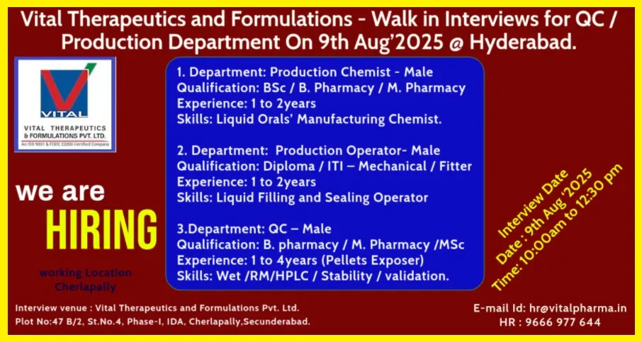 Vital Therapeutics Hiring for Production & Quality Control Jobs - Apply Now Vital Therapeutics Hiring for Production & Quality Control Jobs - Apply Now