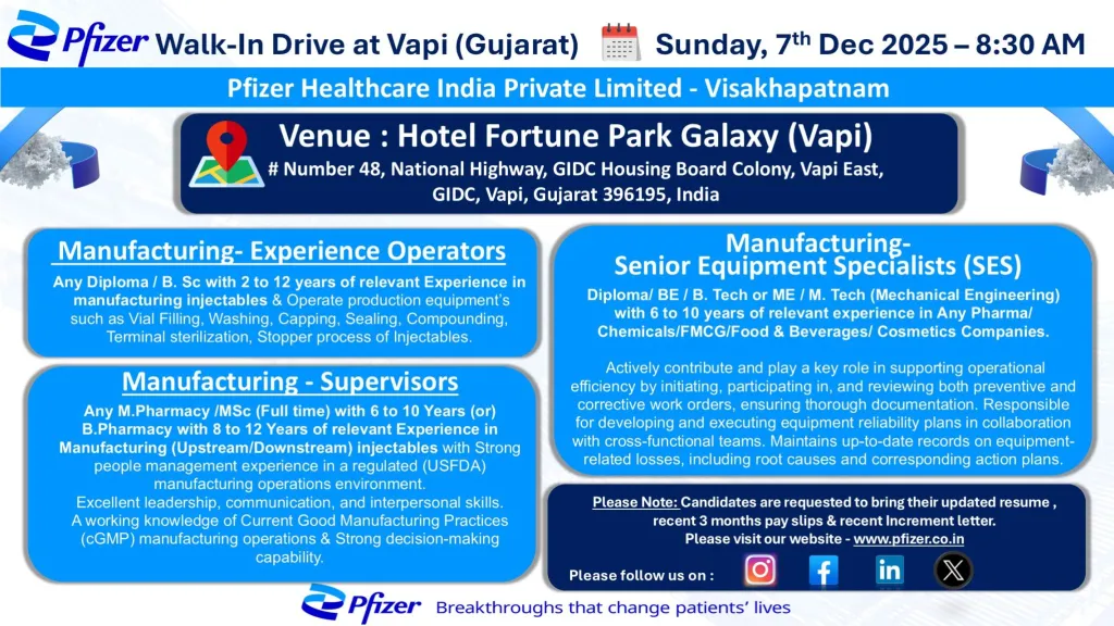 Pfizer Healthcare is Hiring for Manufacturing Job