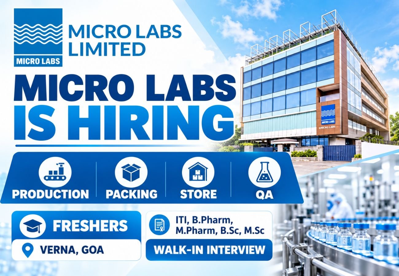Micro Laboratories Micro Labs is Hiring FRESHERS for Production, Packing, Store and QA Roles